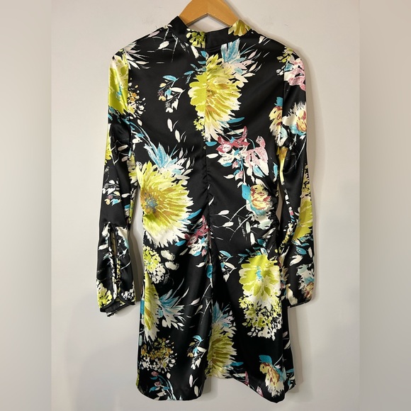 Zara Black Floral Printed Gathered Long Sleeve Mini Dress 7969/257/330 - Picture 6 of 11